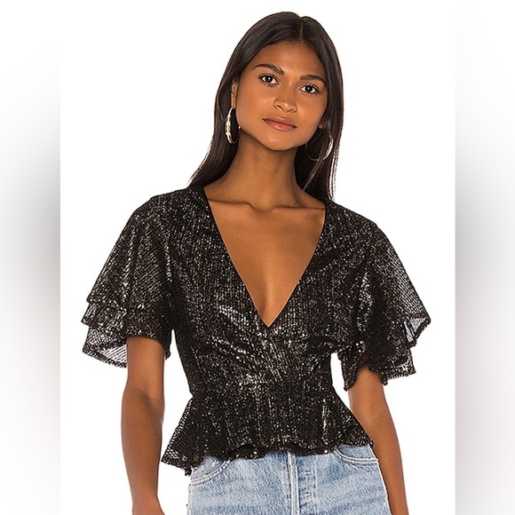 House of Harlow 1960 x Revolve Suri Sequin Wrap V-Neck Ruffle Sleeve Cropped Top - Picture 1 of 5